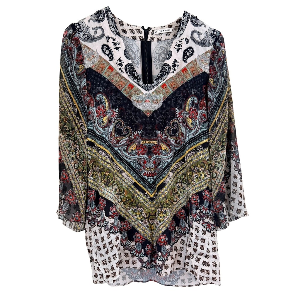 Alice + Olivia Zia Paisley Multicolor Caftan Mini Dress Size XS Bell Sleeve